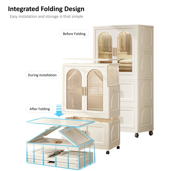 25.59" Side Wide Folding Wardrobe, 25.59" ×15.75" ×57.09" , With Magnetic Door, Plastic Storage Cabinet With Wheels ( One Layer Of Wardrobe + Two Layers Of Folding Boxes + 10 Hangers ) - Cream White