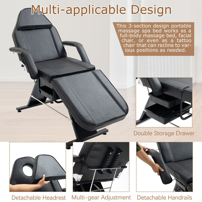 Massage Salon Tattoo Chair With Two Trays Esthetician Bed With Hydraulic Stool, Multi-Purpose 3-Section Facial Bed Table, Adjustable Beauty Barber Spa Beauty Equipment