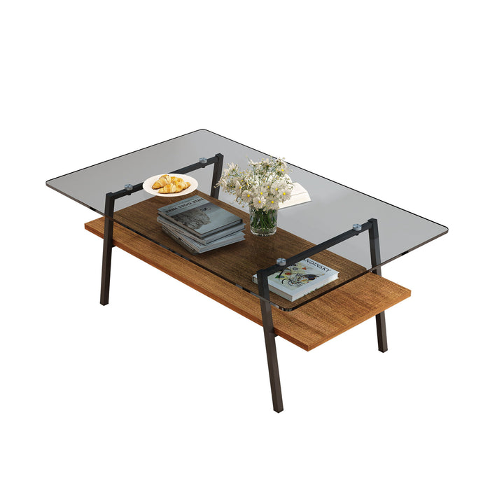 Rectangle Coffee Table, Tempered Glass Tabletop With Metal Legs, Modern Table For Living Room - Black Glass