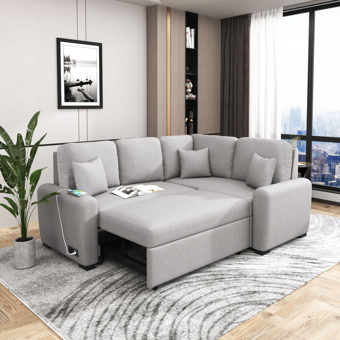 Sectional Sleeper Sofa With USB Charging Port And Plug Outlet, Pull-Out Sofa Bed With 3 Pillows, L-Shape Chaise For Living Room, Small Apartment - Gray