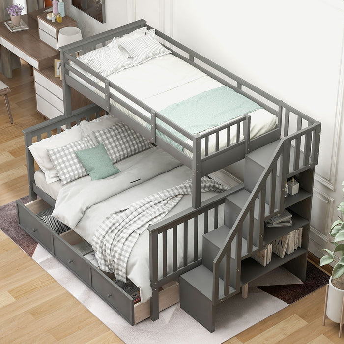 Twin Over Full Stairway Bunk Bed With Drawer, Storage And Guard Rail For Bedroom, Dorm, For Adults