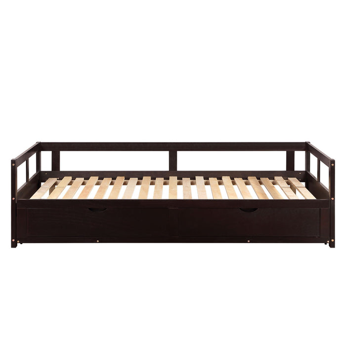 Wooden Daybed With Trundle Bed And Two Storage Drawers, Extendable Bed Daybed, Sofa Bed For Bedroom Living Room - Espresso