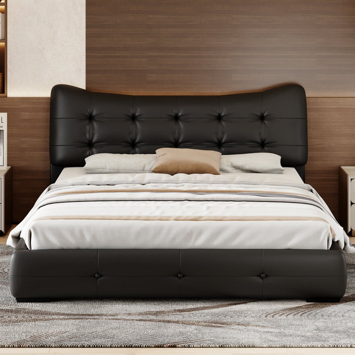 Queen Bed Modern PU Upholstered With Ergonomic Wingback Headboard, No Box Spring Needed - Black