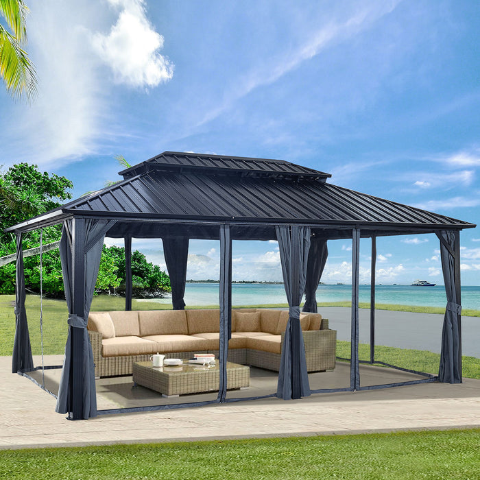 12X18' Hardtop Gazebo With Nettings And Curtains, Heavy Duty Double Roof Galvanized Steel Outdoor Combined Of Vertical Stripes Roof For Patio, Backyard - Black