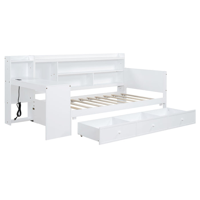 Twin Size Wooden Daybed With 3 Drawers, USB Ports And Desk - White