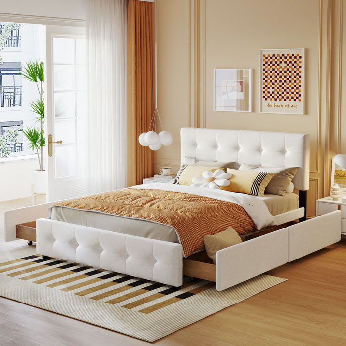 Upholstered Platform Bed With Classic Headboard And 4 Drawers, No Box Spring Needed