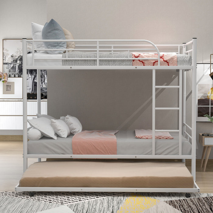 Twin Over Twin Metal Bunk Bed With Trundle, Can Be Divided Into Two Beds, No Box Spring Needed - White