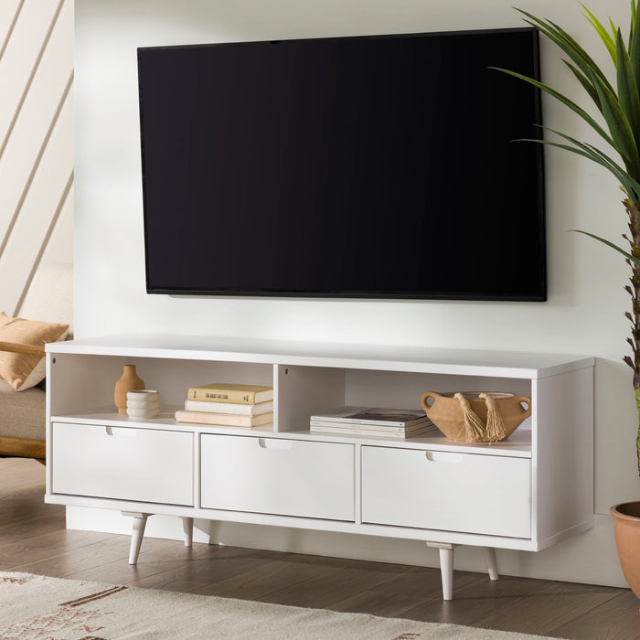 Mid-Century Modern 3 Drawer Solid Wood TV Stand For TVs Up To 65" - White