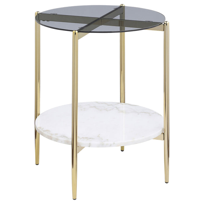 Jonelle - Round Glass Top End Table Marble Shelf - Gold / White