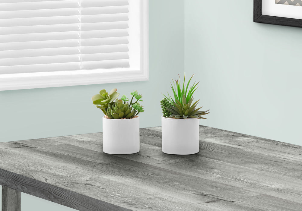 Artificial Plant, 7" Tall, Succulent, Indoor, Faux, Fake, Table, Greenery, Potted, Decorative (Set of 2) - Green / White