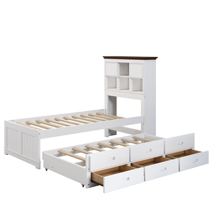 Twin Solid Pine Captain Bookcase Bed With Trundle Bed And 3 Spacious Under Bed Drawers In Casual - White / Walnut