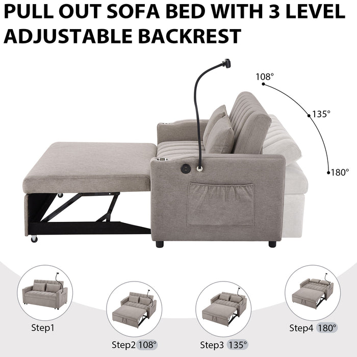 Convertible Sofa Bed Loveseat Sofa With Three USB Ports, Two Side Pockets, Two Cup Holders And 360° swivel Phone Holder For Living Room