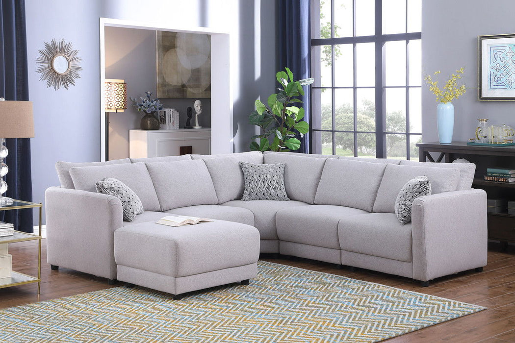 Penelope - Fabric Reversible L-Shape Sectional Sofa With Ottoman And Pillows - Light Gray Linen