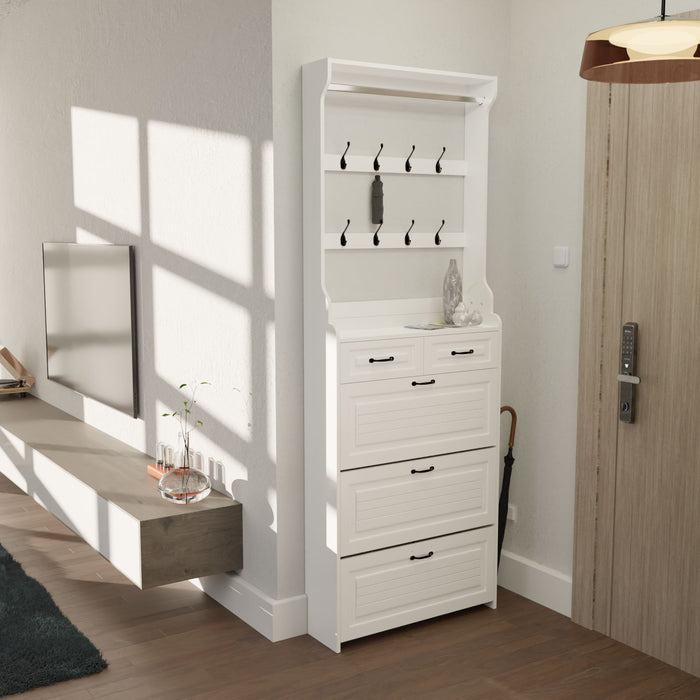 Shoe Cabinet With 3 Doors 2 Drawers With Hanger, PVC Door With Shape, Large Space For Storage - White