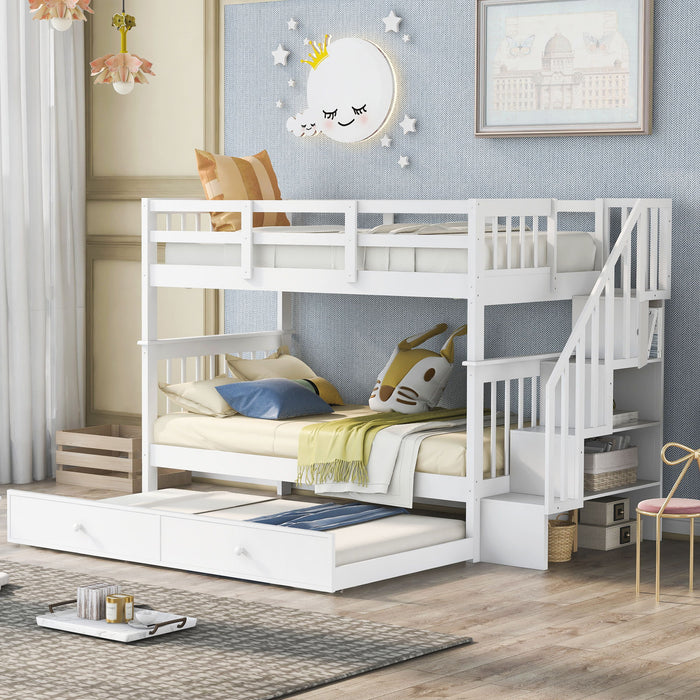 Stairway Twin Over Twin Bunk Bed With Twin Size Trundle For Bedroom, Dorm, Adults - White