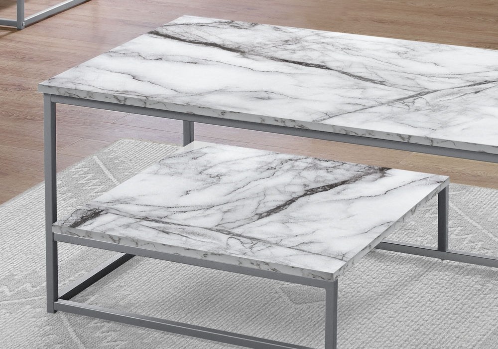 Table Set, Coffee, End, Side, Accent, Living Room, Marble Look Laminate, Contemporary, Modern (Set of 3) - White