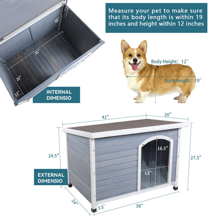 Medium Wooden Outdoor Dog House, Waterproof Roof, Elevated Floor, Adjustable Plastic Feet - Gray