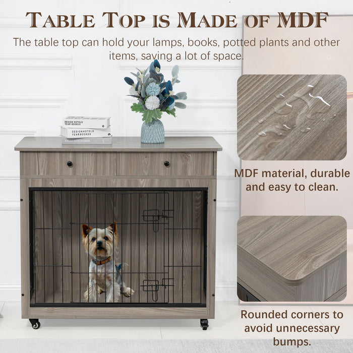 Dog Crate Furniture, Wooden Dog House, Decorative Dog Kennel With Drawer, Indoor Pet Crate End Table For Small Dog, Steel-Tube Dog Cage, Chew-Proof