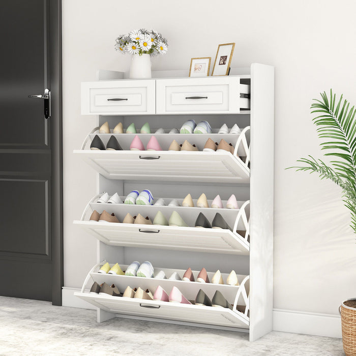 Shoe Cabinet With 3 Doors 2 Drawers, PVC Door With Shape, Large Space For Storage - White