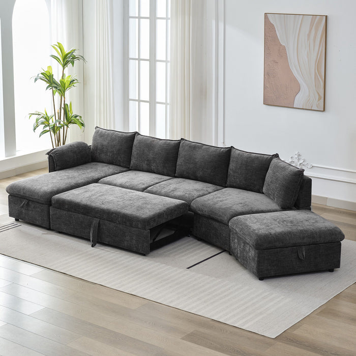 L-Shaped Sofa Sectional Sofa Couch Pull-Out Sofa Bed With A Movable Storage Ottoman, A Storage Chaise Lounge And Two USB Ports For Living Room