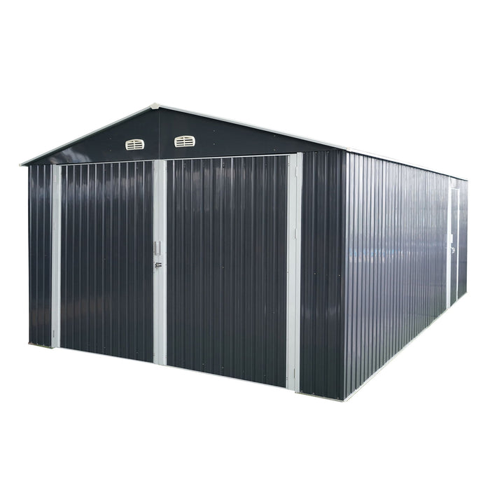 Outdoor Storage Shed Metal Garage Shed For Car, Bike, Lawnmower Backyard Tool House Building 2 Doors And 4 Vents - Black