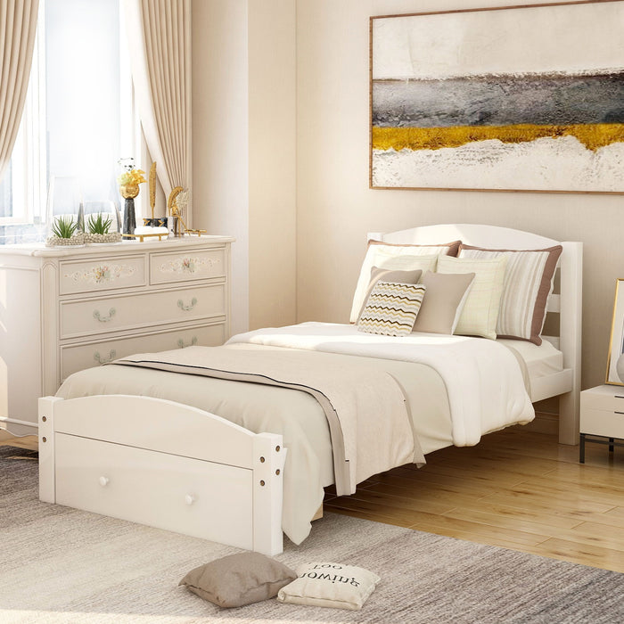 Twin Platform Bed Frame With Storage Drawer And Wood Slat Support No Box Spring Needed - White