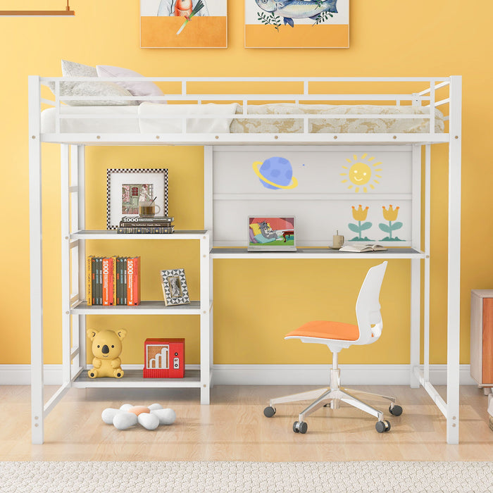 Full Size Loft Bed With Desk And Whiteboard, Metal Loft Bed With 3 Shelves And Ladder - White