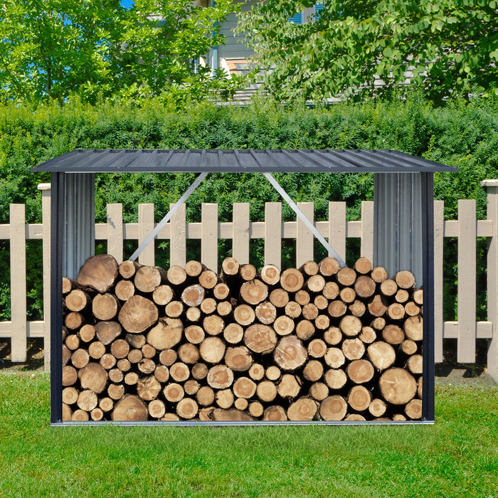 Outdoor Steel Firewood Rack, Open Wood Shed With Sloped Roof For Firewood, Pellet, Or Lumber Storage - Black