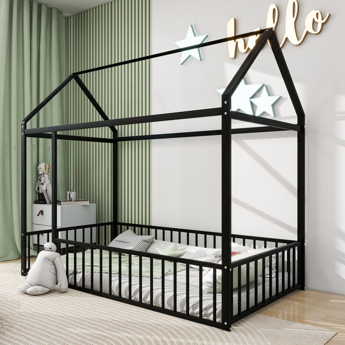 Twin Size Metal Bed House Bed Frame With Fence, For Kids, Teens, Girls, Boys