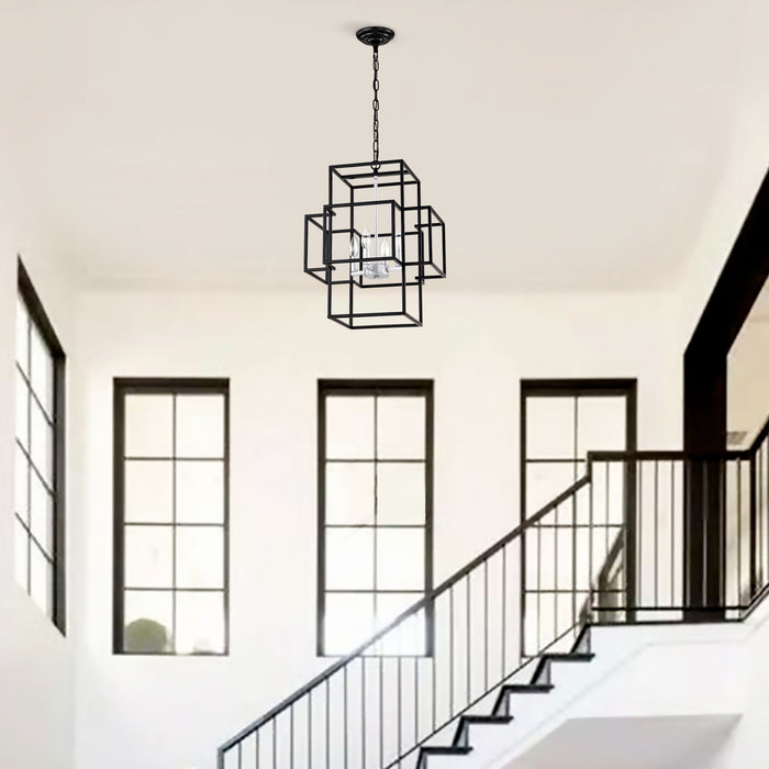 4 Light Metal Lantern Tiered Pendant Hanging Light Fixtures, Industrial Farmhouse Adjustable Height Chandeliers For Dining Room Hallway Foyer Entryway (E12 Bulbs Not Included)