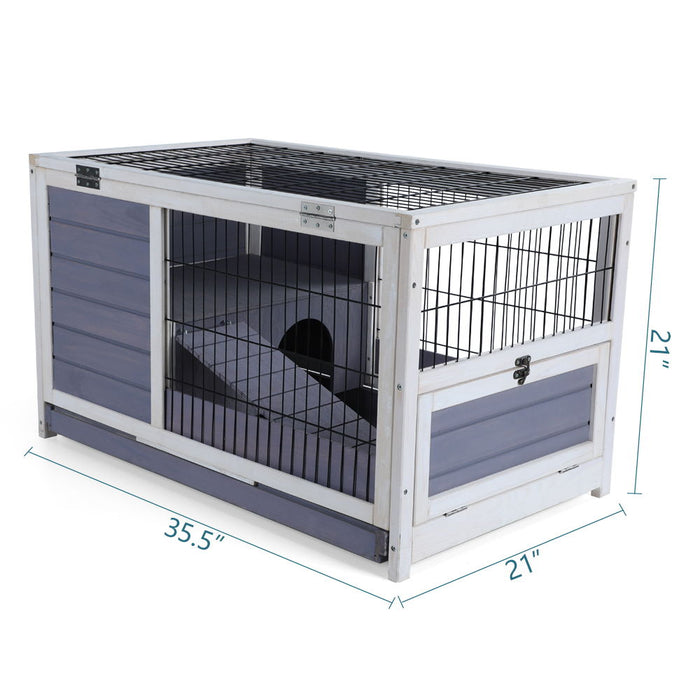 Wooden Rabbit Hutch Indoor Bunny House For Small Animals With Put Out Tray - Gray