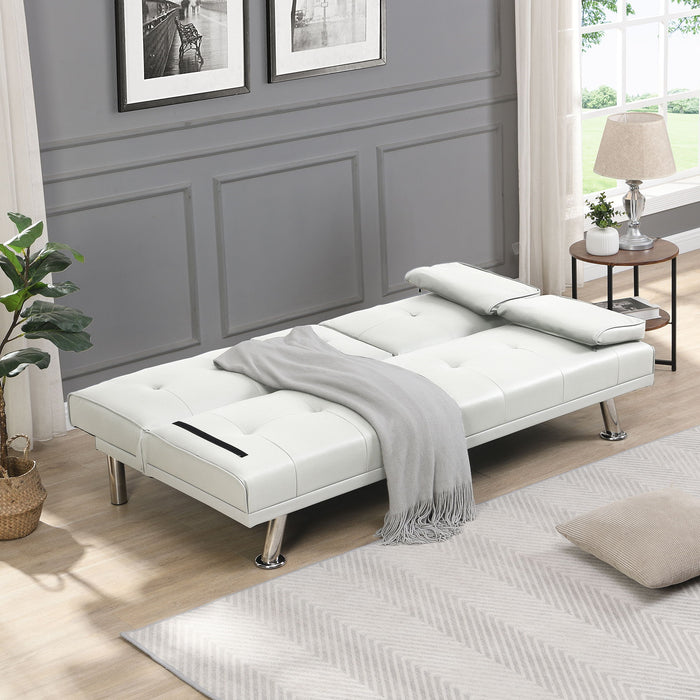 Sofa Bed With Armrest Two Holders Wood Frame, Stainless Leg, Futon - White