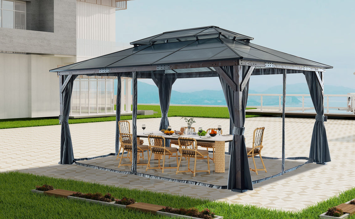 12' x 16' Hardtop Wood Gazebo For Patios, Outdoor Framed Gazebo With Polycarbonate Double Roof Canopy, Solid Wooden Framed Gazebo With Privacy Curtains And Mosquito Nettings For Garden, Backyard - Black