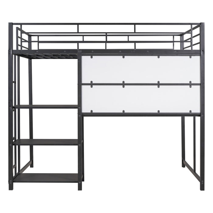 Full Size Loft Bed With Desk And Whiteboard, Metal Loft Bed With 3 Shelves And Ladder - Black