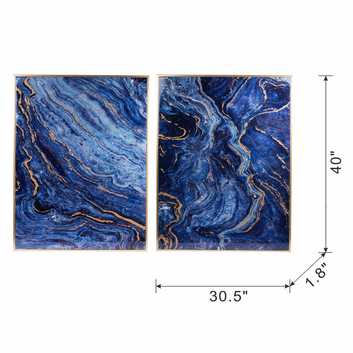 Framed Art Panels, Unique Marbled Design (Set of 2) - Blue / Gold