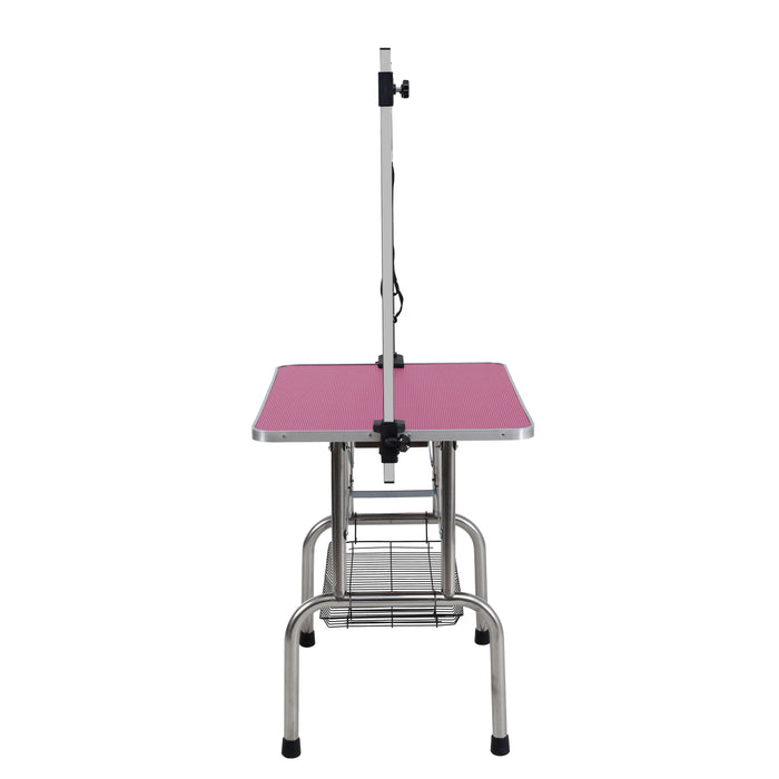 Folding Dog Pet Grooming Table Stainless Steel Frame Rubber Mat On Board With Adjustable Arm And Clamps Pet Dog Cat Grooming Table - Pink