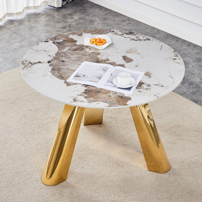 Marble Grained Stone Round Table Three - Legged Round Table With Stainless Steel Plated Legs Natural Healthy And Environmentally Friendly Round Table