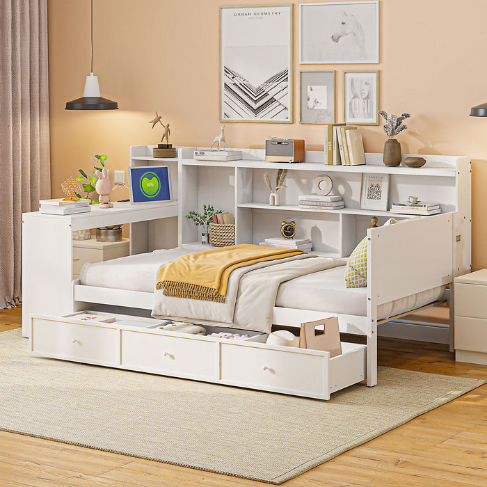 Twin Size Wooden Daybed With 3 Drawers, USB Ports And Desk - White