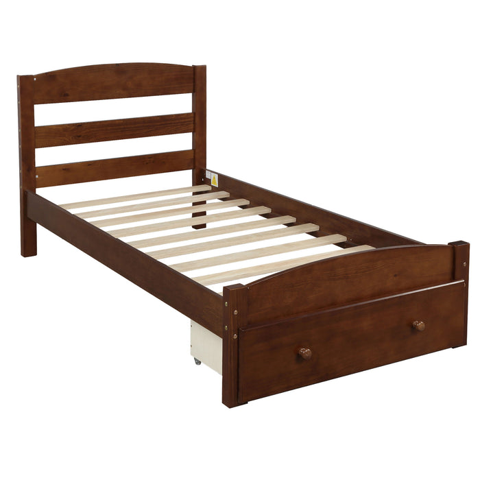 Twin Platform Bed Frame With Storage Drawer And Wood Slat Support No Box Spring Needed Walnut