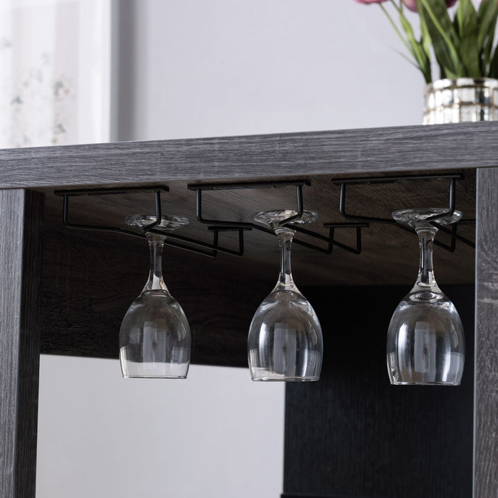 Home Bar Table With Wine Glass Compartment And Three Shelves - Distressed Grey & Black