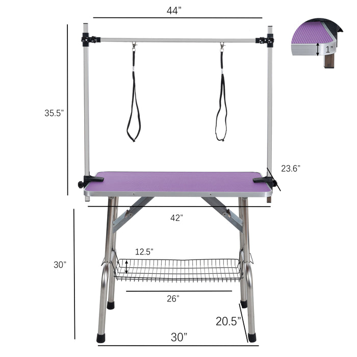 Folding Dog Pet Grooming Table Stainless Steel Frame Rubber Mat On Board With Adjustable Arm And Clamps Pet Dog, Cat Grooming Table - Purple