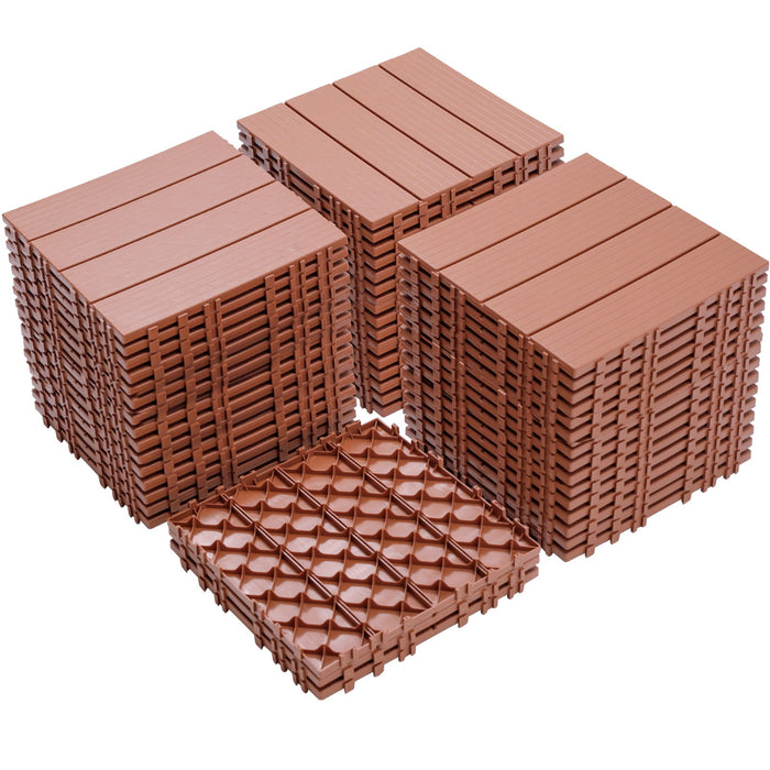 Plastic Interlocking Deck Tiles (Pack Of 44), Patio Flooring Outdoor Waterproof All Weather Use For Garden Poolside Front / Back Yard - Mahogany