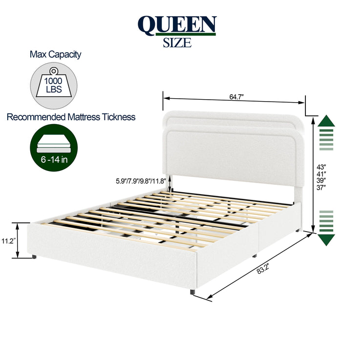 Liv - Queen Upholstered Platform Bed With Patented 4 Drawers Storage - Ivory Boucle