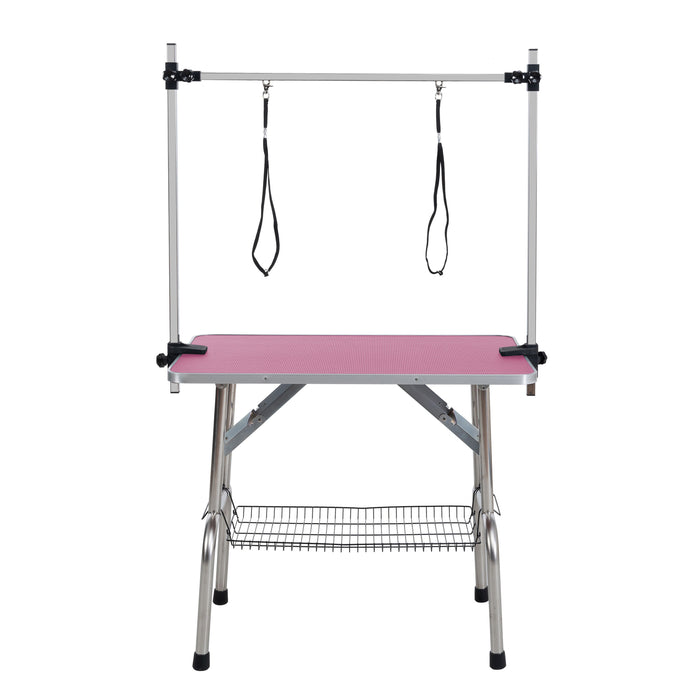 Folding Dog Pet Grooming Table, Stainless Steel Frame Rubber Mat On Board With Adjustable Arm And Clamps Pet Dog Cat Grooming Table - Pink