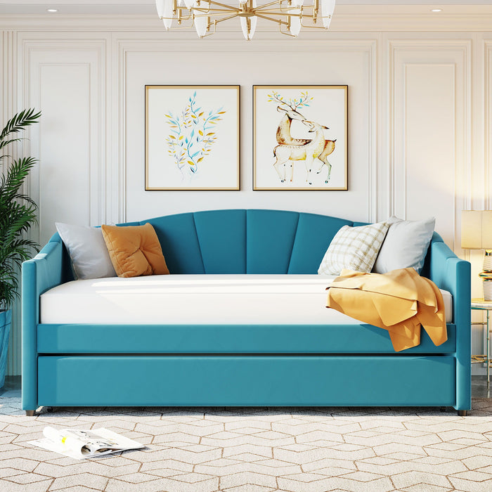 Twin Size Upholstered Daybed Sofa Bed With Trundle Bed And Wood Slat - Blue