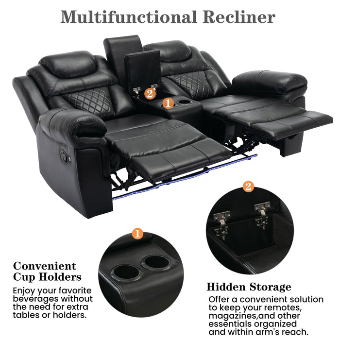 Home Theater Seating Manual Recliner Loveseat With Hide-Away Storage, Cup Holders And Led Light Strip For Living Room