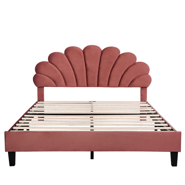 Queen Size Upholstered Platform Bed With Flower Pattern Velvet Headboard - Bean Paste Red