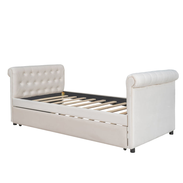 Twin Size Upholstered Daybed With Trundle, Wood Slat Support - Beige