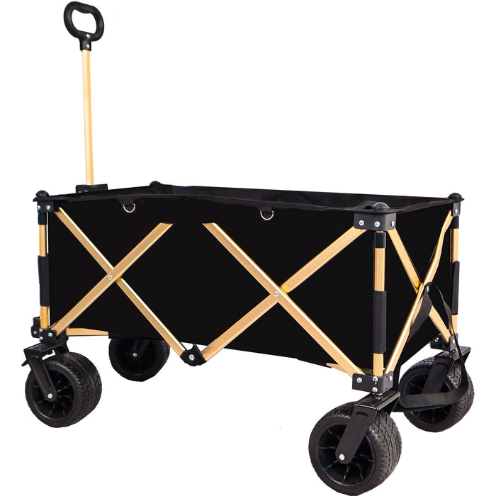 Aluminum Alloy Folding Wagon, Heavy Duty Utility Beach Wagon Cart For Sand With Big Wheels, Adjustable Handle & Drink Holders For Shopping, Camping, Garden And Outdoor - Black