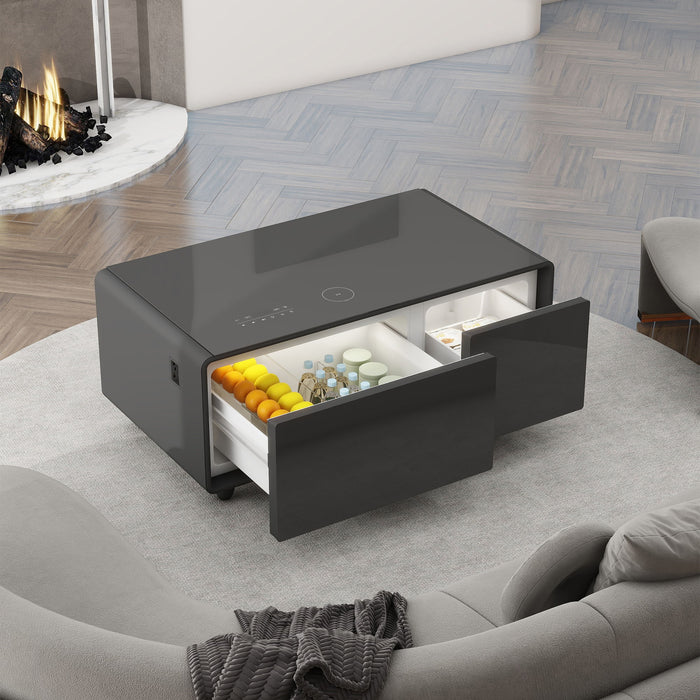 Modern Smart Coffee Table With Built-In Fridge - Bluetooth Speaker, Wireless Charging, Touch Control Panel, USB Interface, Outlet Protection, Atmosphere Light - Black